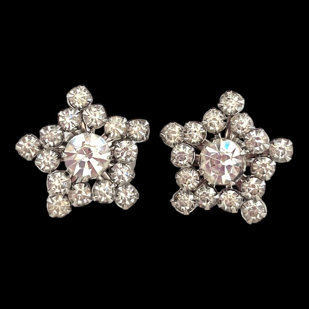 Vintage 1950s Rhinestone Screw Back Earrings Star Silver Tone Mid Century - 2H